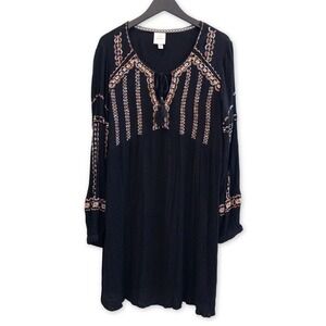 Knox Rose Dress Womens XXL Black Embroidered Peasant Tunic Boho Hippie Festival